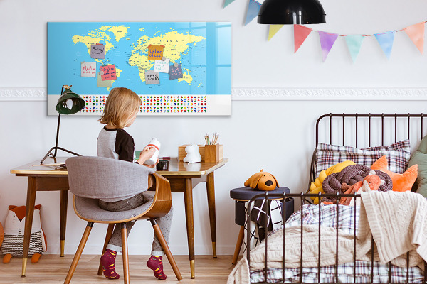 Pizarra magnética de pared con rotulador Mapa del mundo con ubicaciones de fotos