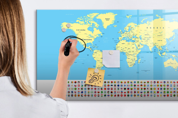 Pizarra magnética de pared con rotulador Mapa del mundo con ubicaciones de fotos