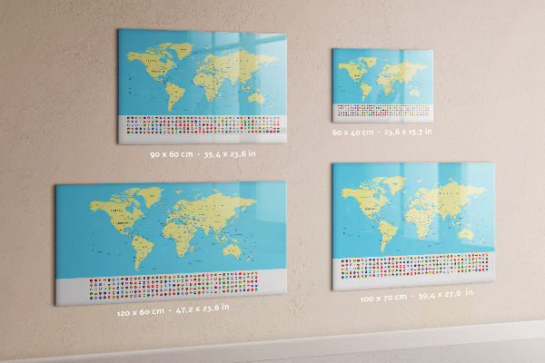 Pizarra magnética de pared con rotulador Mapa del mundo con ubicaciones de fotos