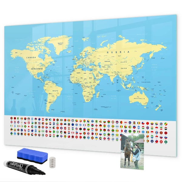 Pizarra magnética de pared con rotulador Mapa del mundo con ubicaciones de fotos