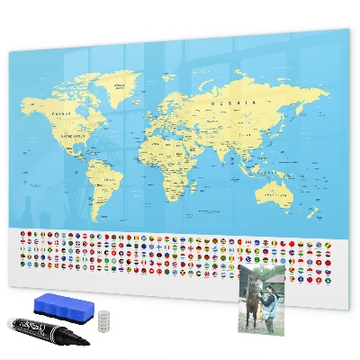 Pizarra magnética de pared con rotulador Mapa del mundo con ubicaciones de fotos