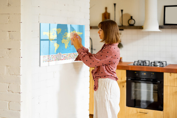 Pizarra magnética de pared con rotulador Mapa del mundo con ubicaciones de fotos