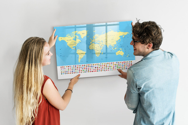 Pizarra magnética de pared con rotulador Mapa del mundo con ubicaciones de fotos