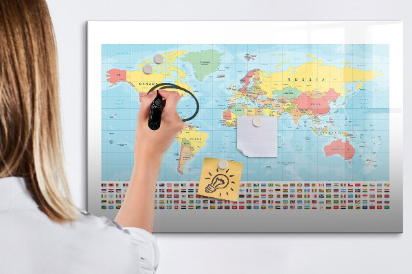 Pizarra borrable de cristal con imanes Mapa del mundo con lugares para marcar.