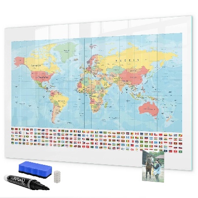Pizarra borrable de cristal con imanes Mapa del mundo con lugares para marcar.