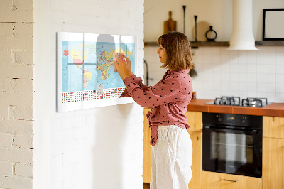 Pizarra borrable de cristal con imanes Mapa del mundo con lugares para marcar.