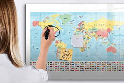Pizarra borrable de cristal con imanes Mapa del mundo con lugares para marcar.