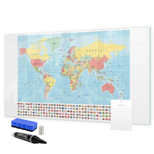 Pizarra borrable de cristal con imanes Mapa del mundo con lugares para marcar.