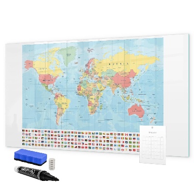 Pizarra borrable de cristal con imanes Mapa del mundo con lugares para marcar.