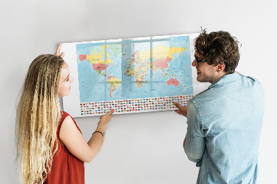 Pizarra borrable de cristal con imanes Mapa del mundo con lugares para marcar.