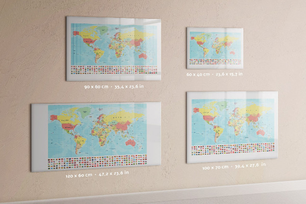 Pizarra borrable de cristal con imanes Mapa del mundo con lugares para marcar.