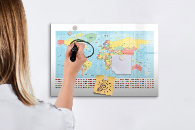 Pizarra borrable de cristal con imanes Mapa del mundo con lugares para marcar.