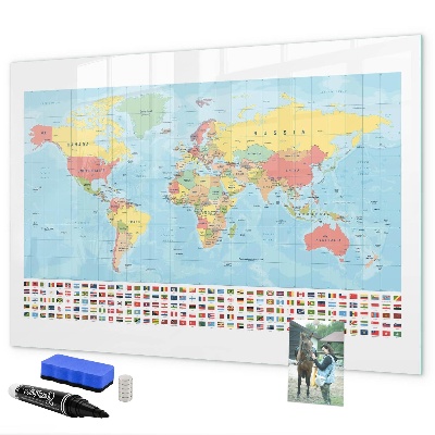 Pizarra borrable de cristal con imanes Mapa del mundo con lugares para marcar.