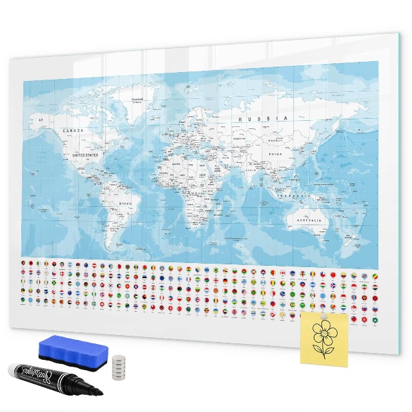 Pizarra borrable de cristal con imanes Mapa del mundo con lugares para marcar.