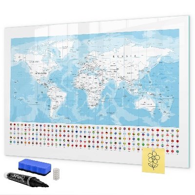 Pizarra borrable de cristal con imanes Mapa del mundo con lugares para marcar.