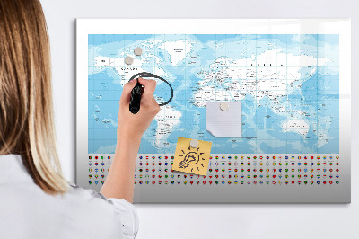Pizarra borrable de cristal con imanes Mapa del mundo con lugares para marcar.