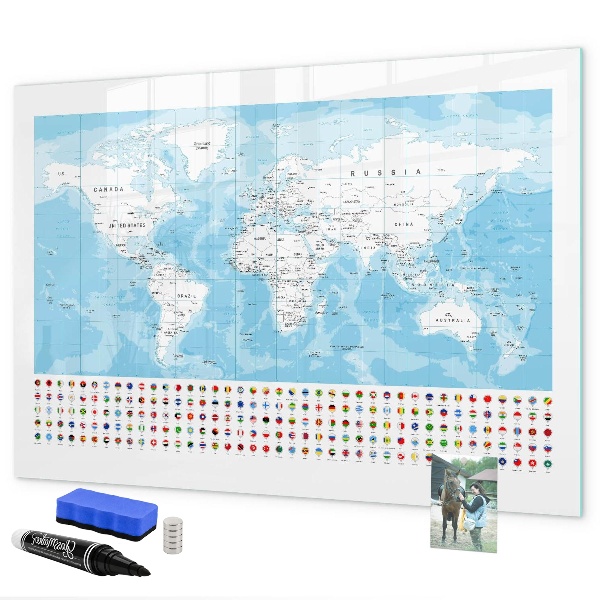 Pizarra borrable de cristal con imanes Mapa del mundo con lugares para marcar.