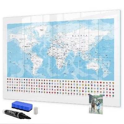 Pizarra borrable de cristal con imanes Mapa del mundo con lugares para marcar.