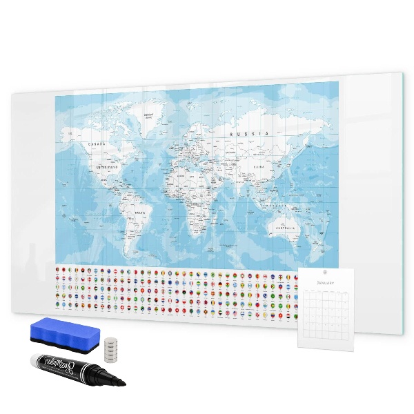 Pizarra borrable de cristal con imanes Mapa del mundo con lugares para marcar.