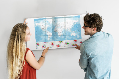 Pizarra borrable de cristal con imanes Mapa del mundo con lugares para marcar.