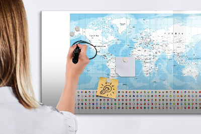 Pizarra borrable de cristal con imanes Mapa del mundo con lugares para marcar.
