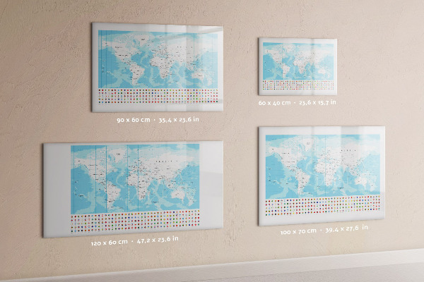 Pizarra borrable de cristal con imanes Mapa del mundo con lugares para marcar.