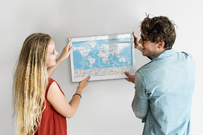 Pizarra borrable de cristal con imanes Mapa del mundo con lugares para marcar.