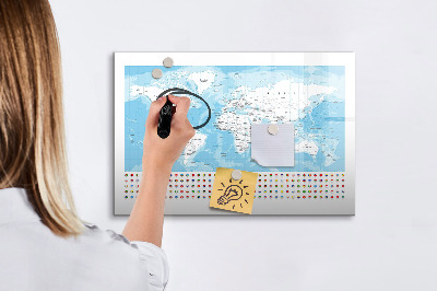 Pizarra borrable de cristal con imanes Mapa del mundo con lugares para marcar.