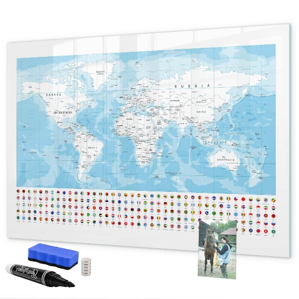 Pizarra borrable de cristal con imanes Mapa del mundo con lugares para marcar.