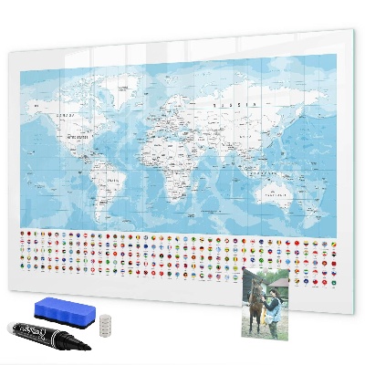 Pizarra borrable de cristal con imanes Mapa del mundo con lugares para marcar.