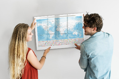 Pizarra borrable de cristal con imanes Mapa del mundo con lugares para marcar.