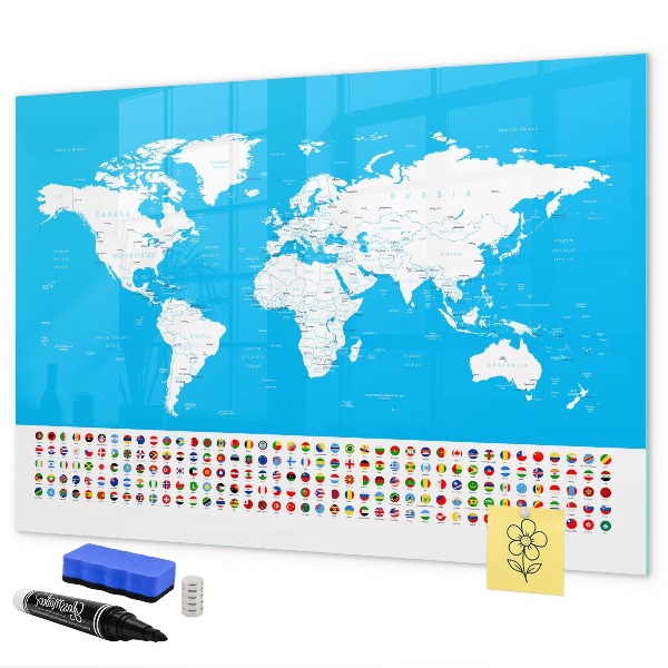 Pizarra borrable de cristal con imanes Mapa del mundo con ubicaciones de fotos