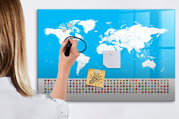 Pizarra borrable de cristal con imanes Mapa del mundo con ubicaciones de fotos