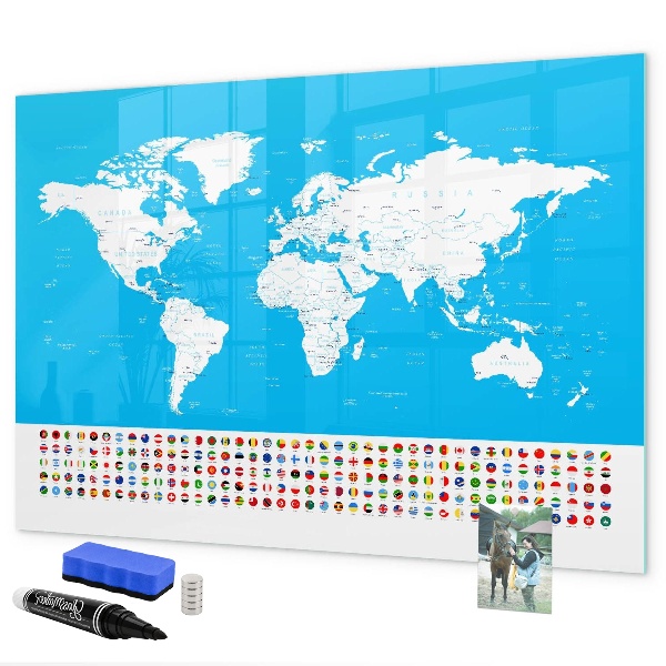 Pizarra borrable de cristal con imanes Mapa del mundo con ubicaciones de fotos