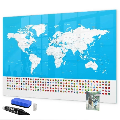 Pizarra borrable de cristal con imanes Mapa del mundo con ubicaciones de fotos