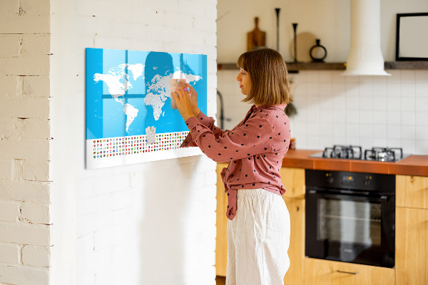 Pizarra borrable de cristal con imanes Mapa del mundo con ubicaciones de fotos