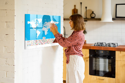Pizarra borrable de cristal con imanes Mapa del mundo con ubicaciones de fotos