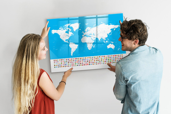Pizarra borrable de cristal con imanes Mapa del mundo con ubicaciones de fotos