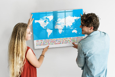 Pizarra borrable de cristal con imanes Mapa del mundo con ubicaciones de fotos