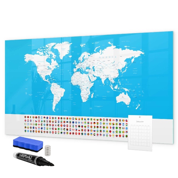 Pizarra borrable de cristal con imanes Mapa del mundo con ubicaciones de fotos