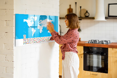 Pizarra borrable de cristal con imanes Mapa del mundo con ubicaciones de fotos