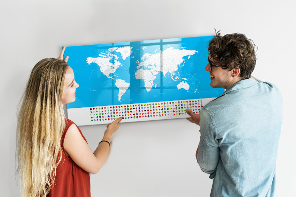 Pizarra borrable de cristal con imanes Mapa del mundo con ubicaciones de fotos