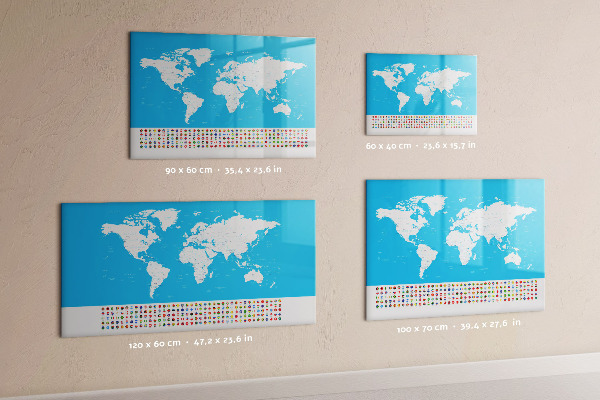 Pizarra borrable de cristal con imanes Mapa del mundo con ubicaciones de fotos