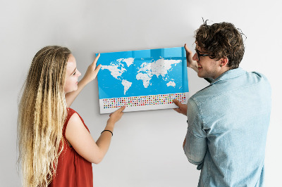 Pizarra borrable de cristal con imanes Mapa del mundo con ubicaciones de fotos