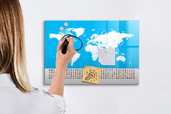 Pizarra borrable de cristal con imanes Mapa del mundo con ubicaciones de fotos