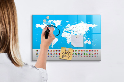 Pizarra borrable de cristal con imanes Mapa del mundo con ubicaciones de fotos