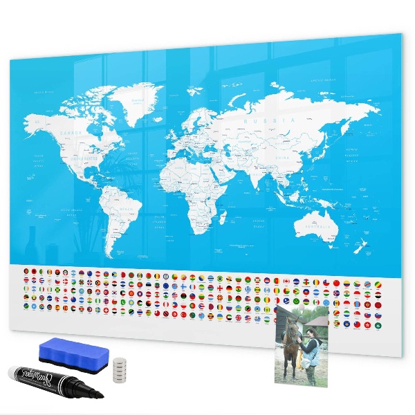 Pizarra borrable de cristal con imanes Mapa del mundo con ubicaciones de fotos
