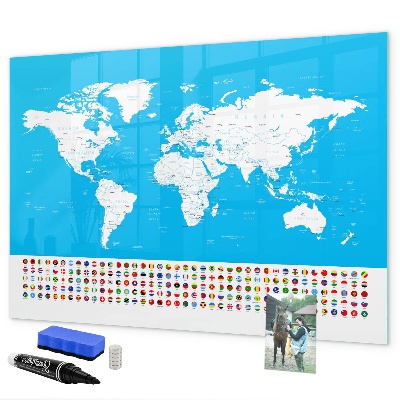 Pizarra borrable de cristal con imanes Mapa del mundo con ubicaciones de fotos