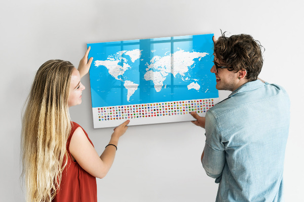 Pizarra borrable de cristal con imanes Mapa del mundo con ubicaciones de fotos