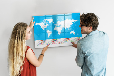 Pizarra borrable de cristal con imanes Mapa del mundo con ubicaciones de fotos